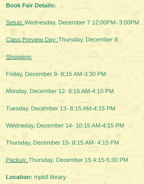 8Mustangs's tweet photo. We had to postpone the book fair. It will now run Friday, Dec 9- Thursday, Dec 15. We still need volunteers to help with setup/pack-up and running the registers after school. https://t.co/jlkxwz30ew Thank you! https://t.co/yJrYGA6Ml2
