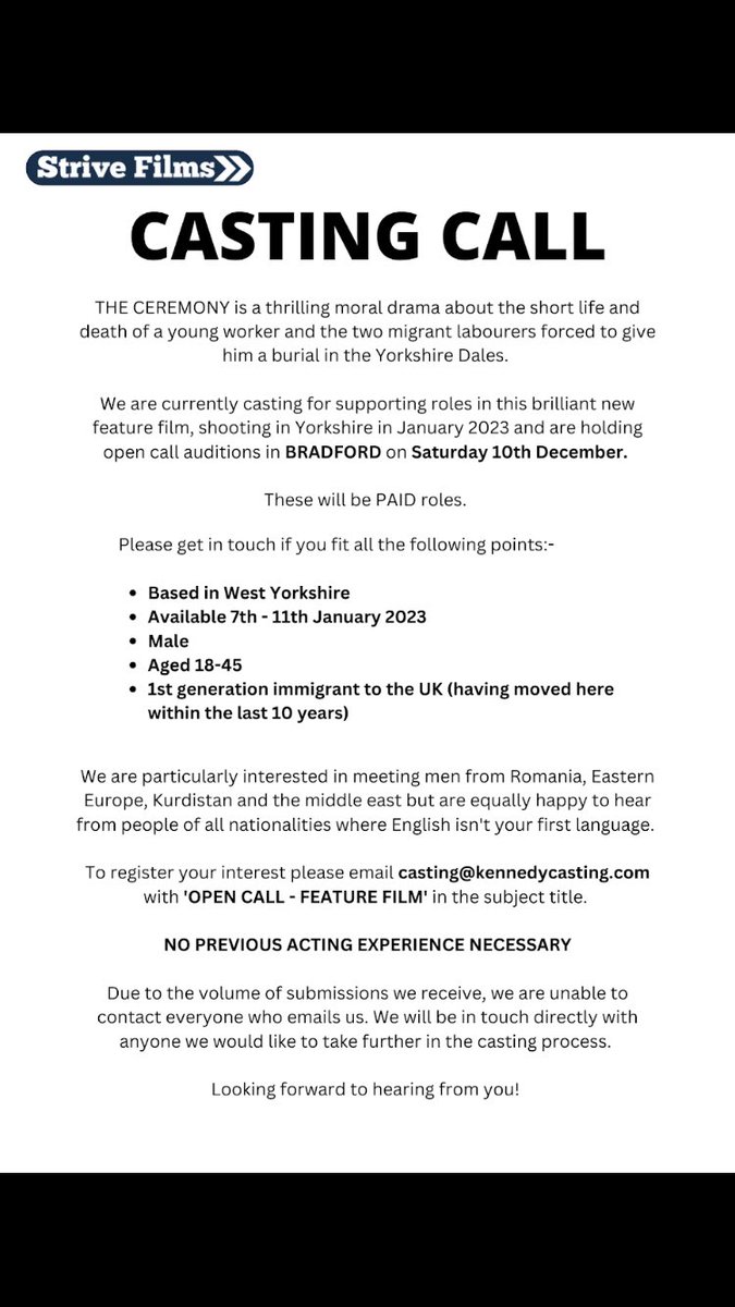 Casting for #ceremonyfilm this sat - looking for 1st generation migrants in West Yorkshire to be part of our feature film shooting jan 23