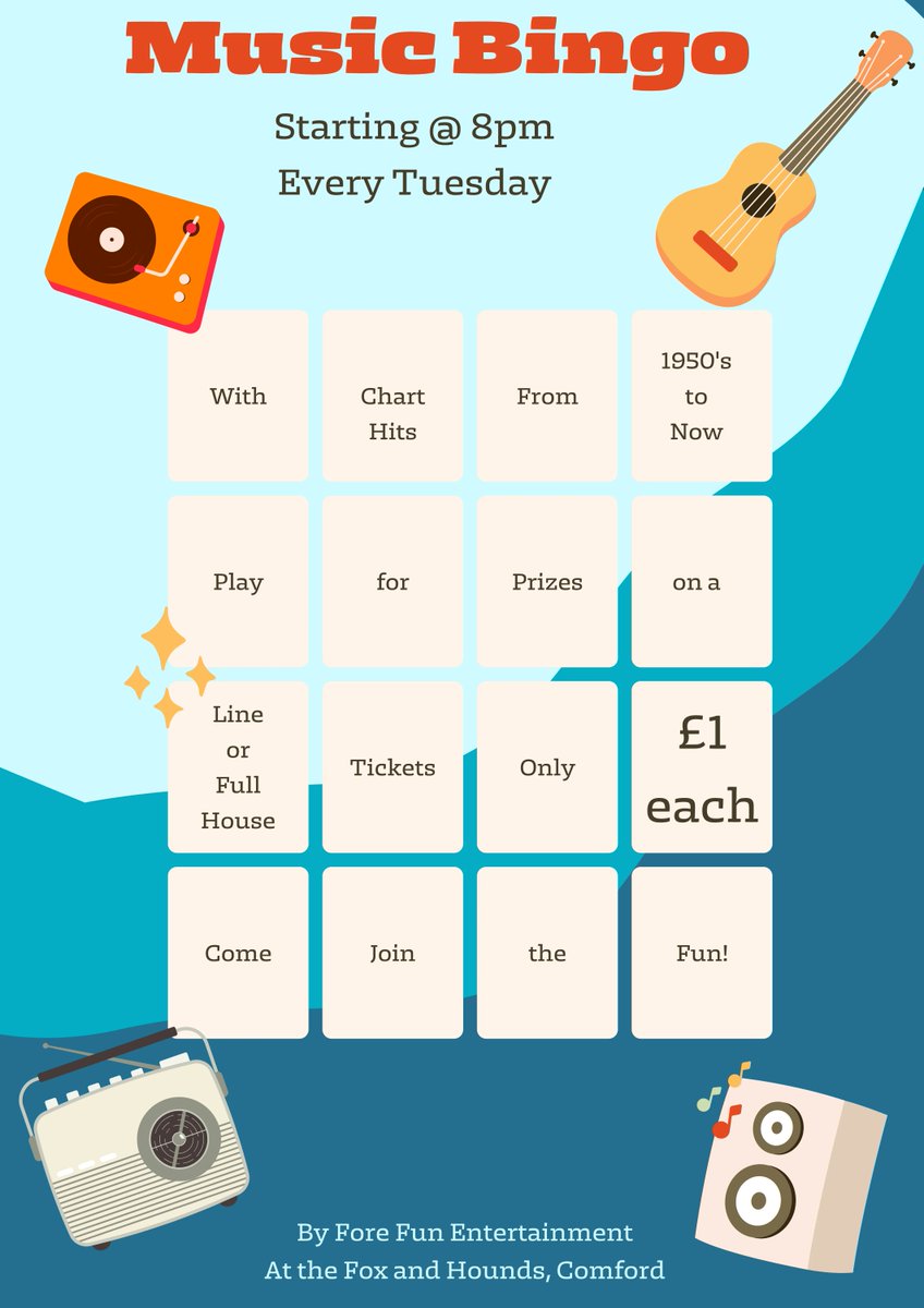 ForeQuizzes's tweet photo. Who doesn't like bingo and music?
What could be better than putting them both together?
That is music bingo!
Come along this Tuesday at 8 pm at The Fox and Hounds Comford 
This week it is 1990's music!
#bingo #musicbingo #funbingo #music https://t.co/gLA8RgM6xy