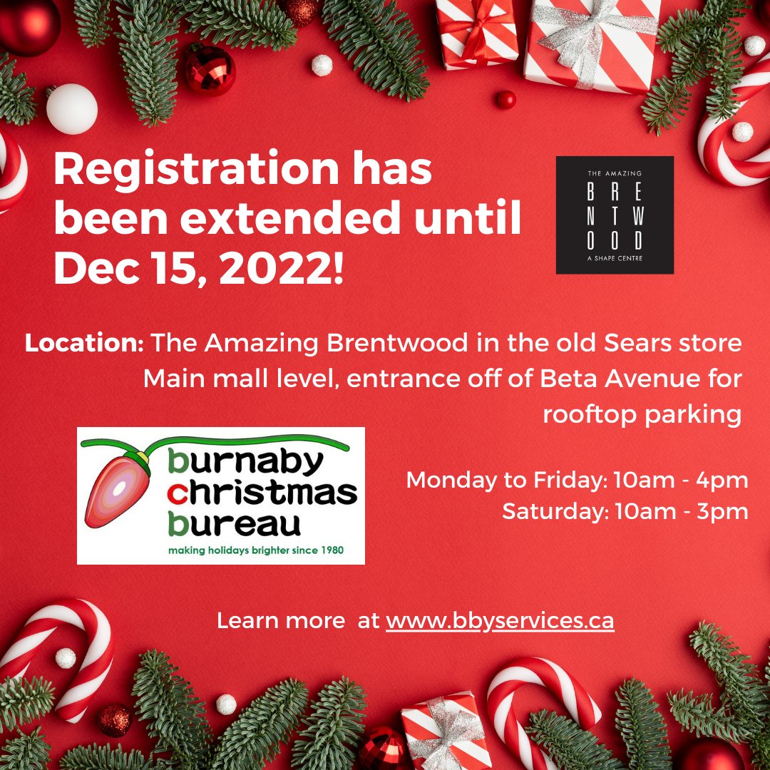 BbyServices's tweet image. REGISTRATION HAS BEEN EXTENDED!🎉 Our annual Burnaby Christmas Bureau is open for registration at The Amazing Brentwood, now until December 15th! 🎅🎄

For more information, please visit bbyservices.ca/Christmas

#burnabychristmasbureau #bbyservices #toyroom #burnaby #community