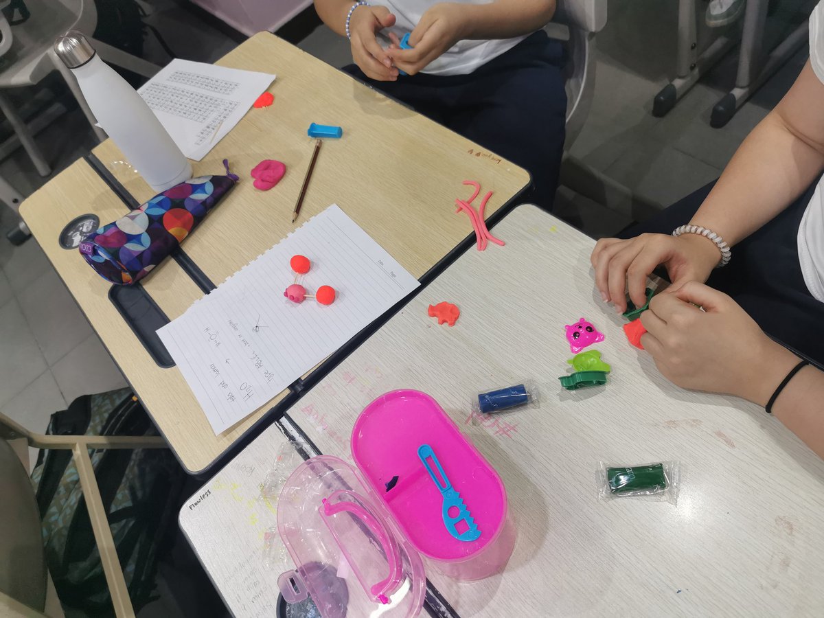 To better understand the VSEPR theory and molecular geometry of compounds, learners were asked to use the aquired information about the topic and demonstrate compounds using play dough and toothpicks (ball-and-stick modeling)