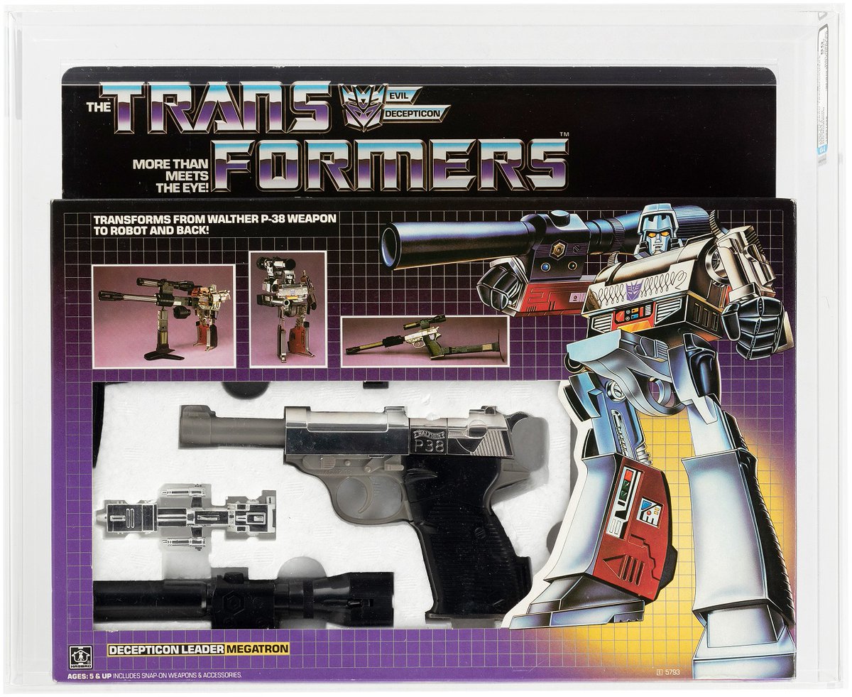 HakesAuctions's tweet photo. SOLD FOR $6,282! #TransformersFans set their sights on this #AFA 80Q @transformers #Megatron at @HakesAuctions recently! Contact us today to sell your #80s #Transformers! 🤖🤖🤖
#Hasbro #Decepticons #robot #actionfigures #WaltherP38 #gun #TransformersToys #TransformersCollector https://t.co/VZvWdUx0ix