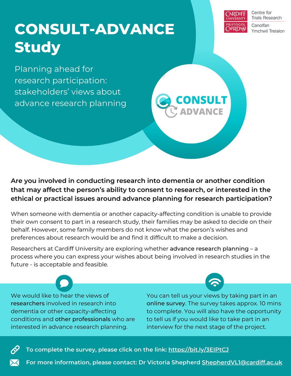 CONSULT-ADVANCE Study is exploring whether advance research planning – expressing wishes about being involved in research should capacity be lost - is acceptable &amp; feasible. We would like researchers, RECs &amp; other professionals to take part in our survey
🔗bit.ly/3EIPtCJ