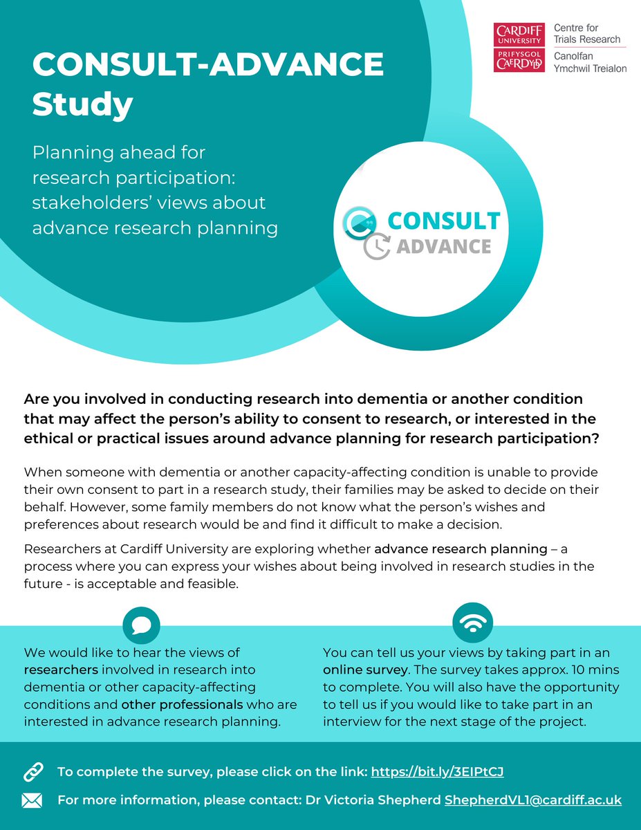 CONSULT-ADVANCE Study is exploring whether advance research planning – expressing wishes about being involved in research should capacity be lost - is acceptable & feasible. We would like researchers, RECs & other professionals to take part in our survey 🔗bit.ly/3EIPtCJ