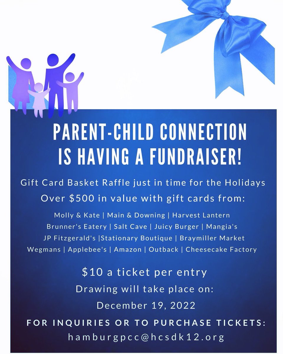 Parent Child Connection - Hamburg (@hamburgpcc) on Twitter photo Just in time for the holidays, PCC will be raffling off a gift card basket valued at over $500. The drawing will take place on December 19th.
Tickets to enter are $10 each. To purchase tickets, contact your friendly PCC committee members or email hamburgpcc@hcsdk12.org Just in time for the holidays, PCC will be raffling off a gift card basket valued at over $500. The drawing will take place on December 19th.
Tickets to enter are $10 each. To purchase tickets, contact your friendly PCC committee members or email hamburgpcc@hcsdk12.org