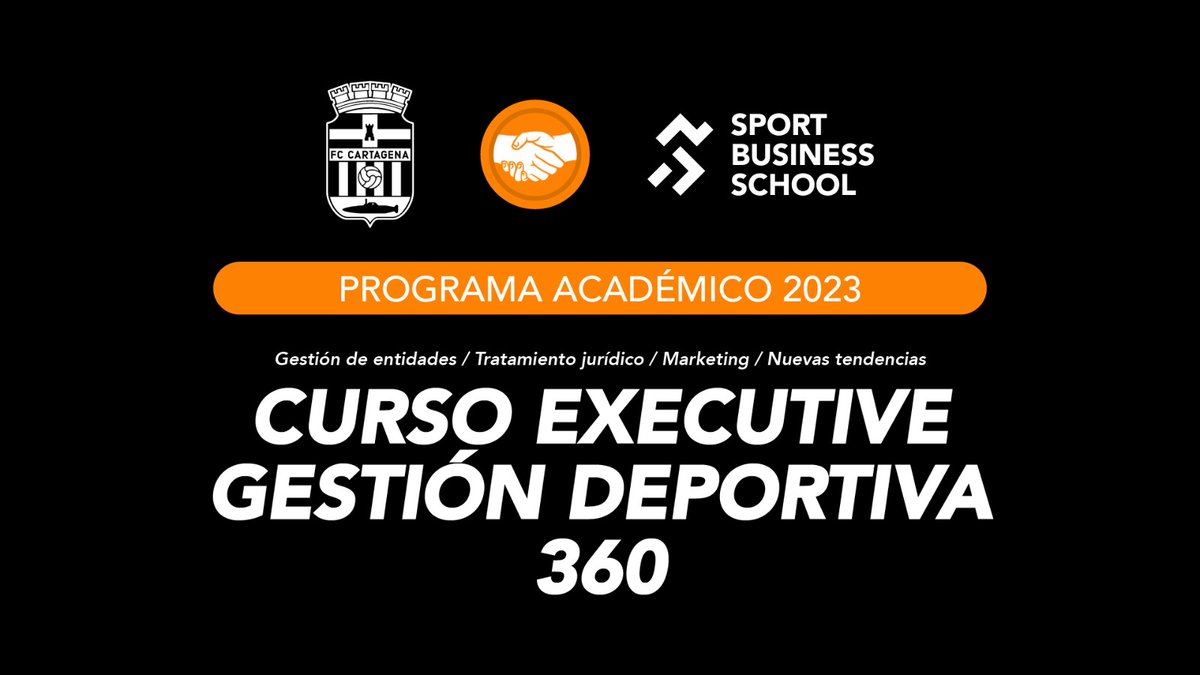 🧑🏻‍🏫 El FC Cartagena lanza un Curso Executive de Gestión Deportiva.

🤝 <a href="/SportBiz_World/">Sport Business World</a> 

➡️ Legal
➡️ Económico
➡️ Marketing
➡️ Comunicación
➡️ Tendencias actuales en la industria del deporte

fccartagena.es/noticias/el-fc…