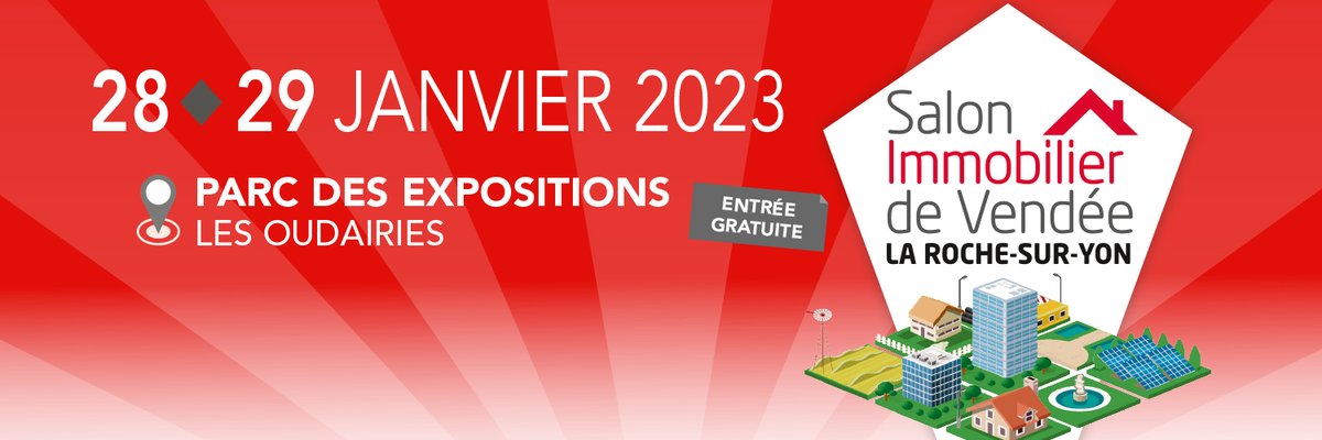 SalonImmoVendee's tweet photo. La 19e édition du 
@SalonImmoVendee
 ouvrira ses portes au Parc Expo Les Oudairies à La Roche/Yon les 28 et 29 janvier 2023...
⏰À vos agendas !📆 https://t.co/6wFHZilVOF