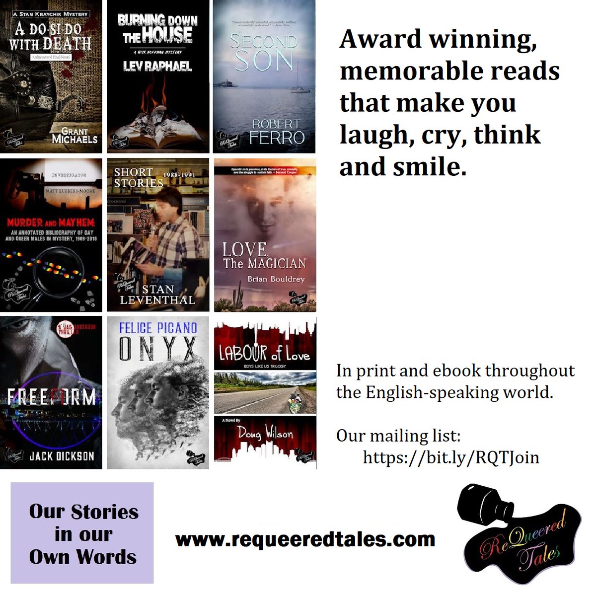 ReQueered's tweet image. ReQueered Tales Originals: the final Grant Michael's Stan Kraychik gay PI book: A DO-SI-DO WITH DEATH.

And don't miss Matt Lubbers-Moore's survey of queer and gay male mystery fiction, MURDER AND MAYHEM.

bookshop.org/shop/ReQueered…
And as ebooks, usual suspects.

#queerlit #lgbtq