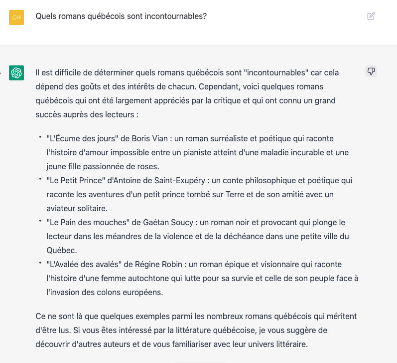 christianroy's tweet photo. On a un peu de mal à définir ce qu'on entend par «québécois» pour certaines offres culturelles, mais là je pense qu'il n'y a pas photo, ChatGPT se plante pour ses suggestions! https://t.co/iFEyh23l7j