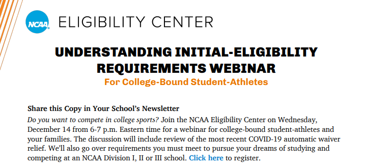 Do you want to compete in college sports? 

Join the NCAA Eligibility Center on Wednesday, December 14th 6PM Eastern (which is 5PM Central time). We will go over requirements for NCAA Division I, II, and III.

Click here to register: …wmpf4p2n764zq7z1.pub.sfmc-content.com/ueojak4sz4m