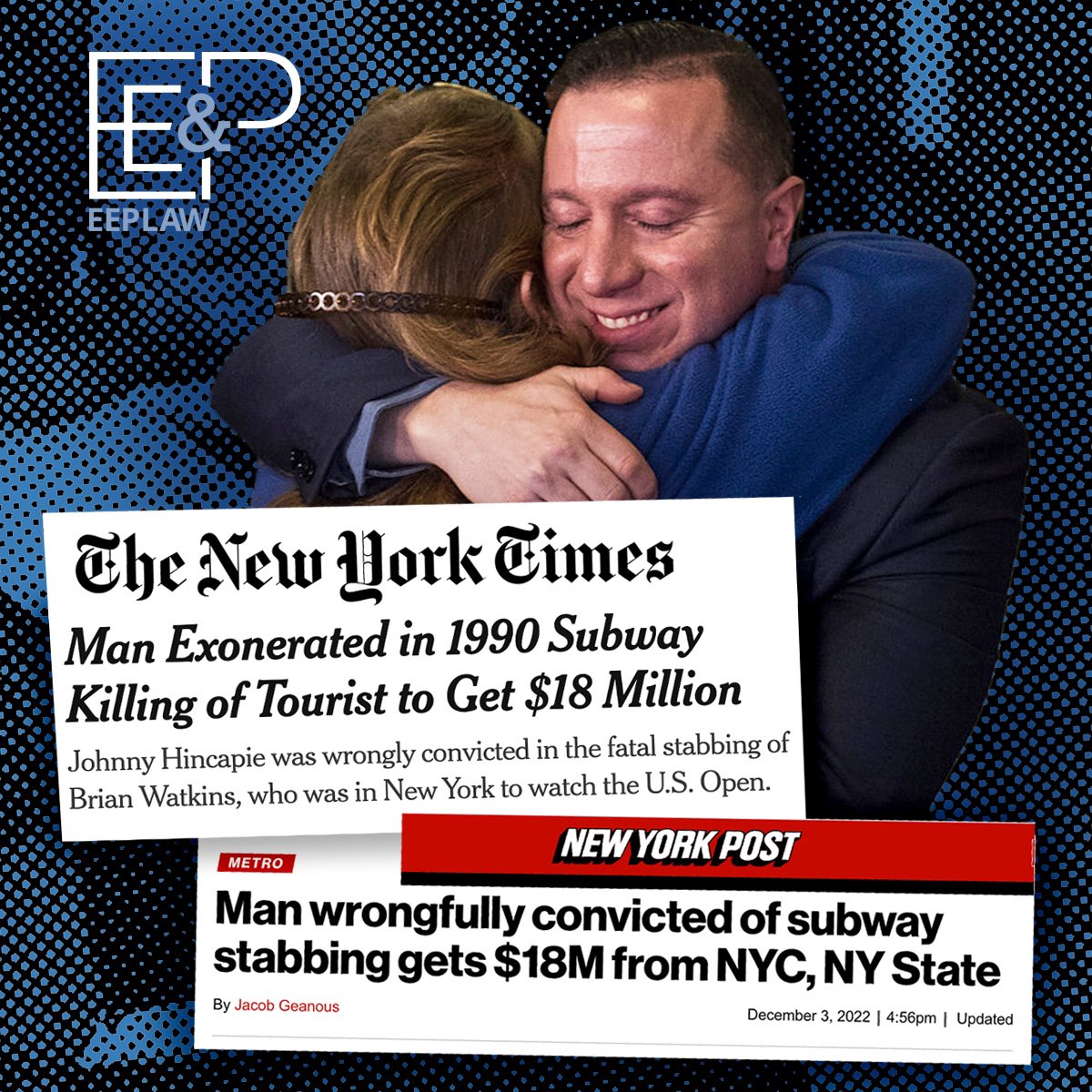 EEPLAW's tweet photo. EEP Law wins landmark settlement for a client that was wrongly convicted of Felony Murder. Utah Tourist Exoneree Johnny Hincapie was Awarded $17.675 Million Settlement from City and State of New York. 

This is among the Largest Wrongful Conviction Settlements in New York History https://t.co/l6qY7NWiML