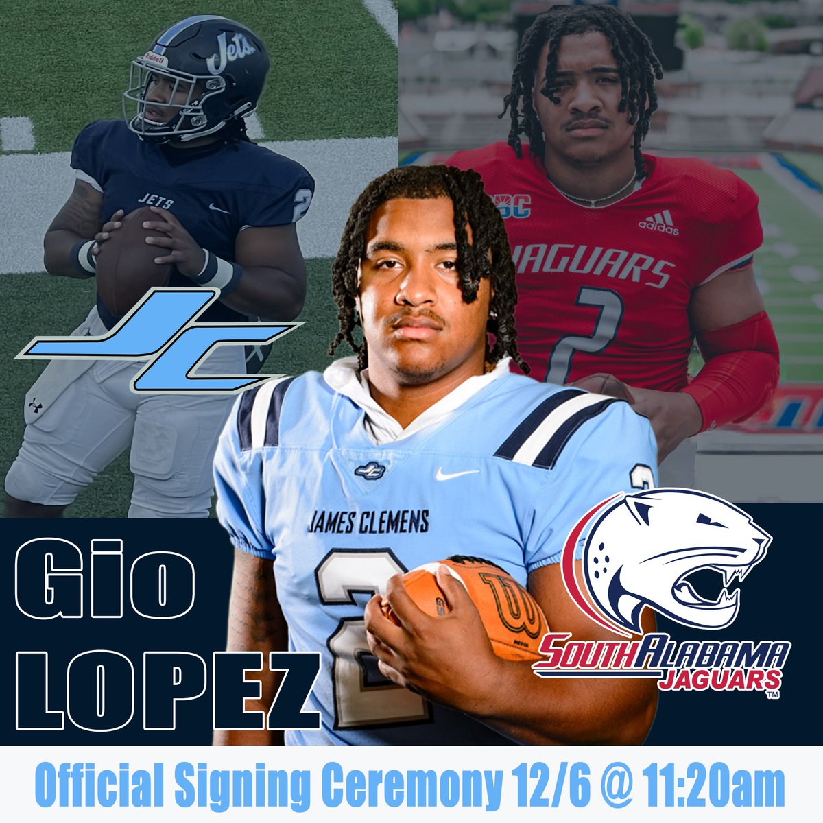 We are excited to announce that we will be hosting the Official Signing Ceremony for Senior #2 Gio Lopez tomorrow at 11:20 am at JC!  

Gio is going from a JC Jet "2" a South Alabama Jaguar! <a href="/lopezgio1/">Gio Lopez 7️⃣</a>  <a href="/JCJetsFootball/">James Clemens Jets Fb</a> <a href="/JCFB_Recruiting/">JC Football Recruiting</a>  <a href="/SouthAlabamaFB/">South Alabama Football 🏈</a>    #NextLevelJet