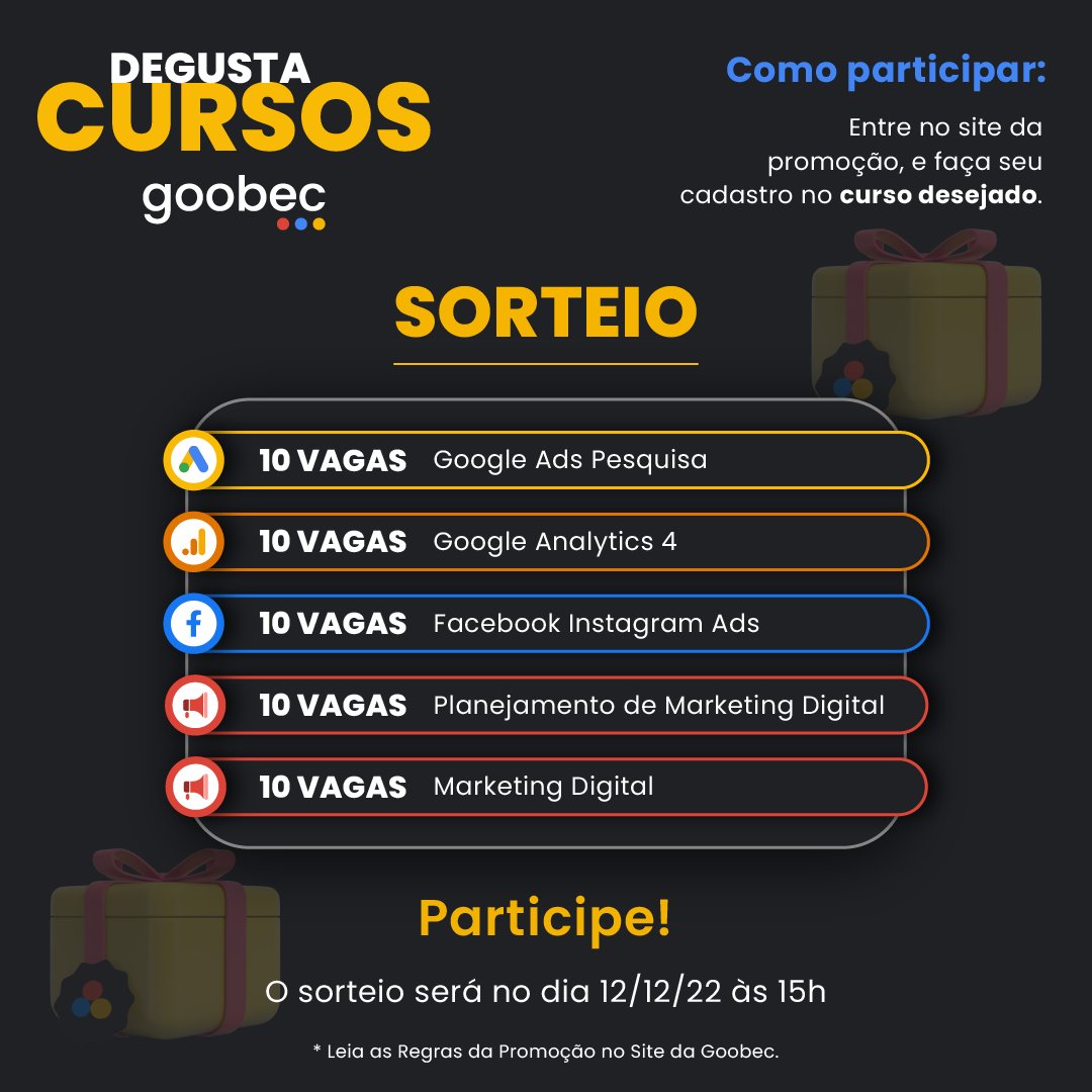 GoobecOficial's tweet photo. Degusta Cursos Goobec!🤩 Sorteio de 50 vagas GRATUITAS nos cursos da Goobec por 7 dias!🙌 Saiba mais em nosso site e participe: https://t.co/e5C3lLsyvd
#degustacursosGoobec #sorteiodecursos #sorteioGoobec #marketingdigital #cursodemarketingdigital #goobec #goobecbrasil https://t.co/v1ZazxPmPB