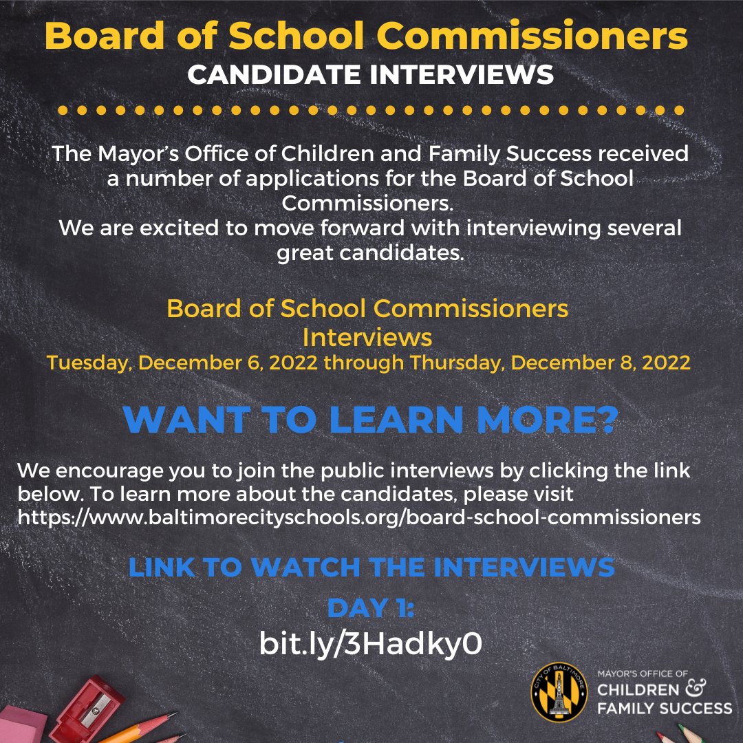 bmorechildren's tweet photo. School Board members are critical leaders—for our youth and for our city. We are excited to move forward with interviewing the candidates. Tune in to this week's interviews December 6-8, 2022,
to meet the candidates. Visit for more information https://t.co/ayDN3nfjou https://t.co/W7NQk6E1qQ