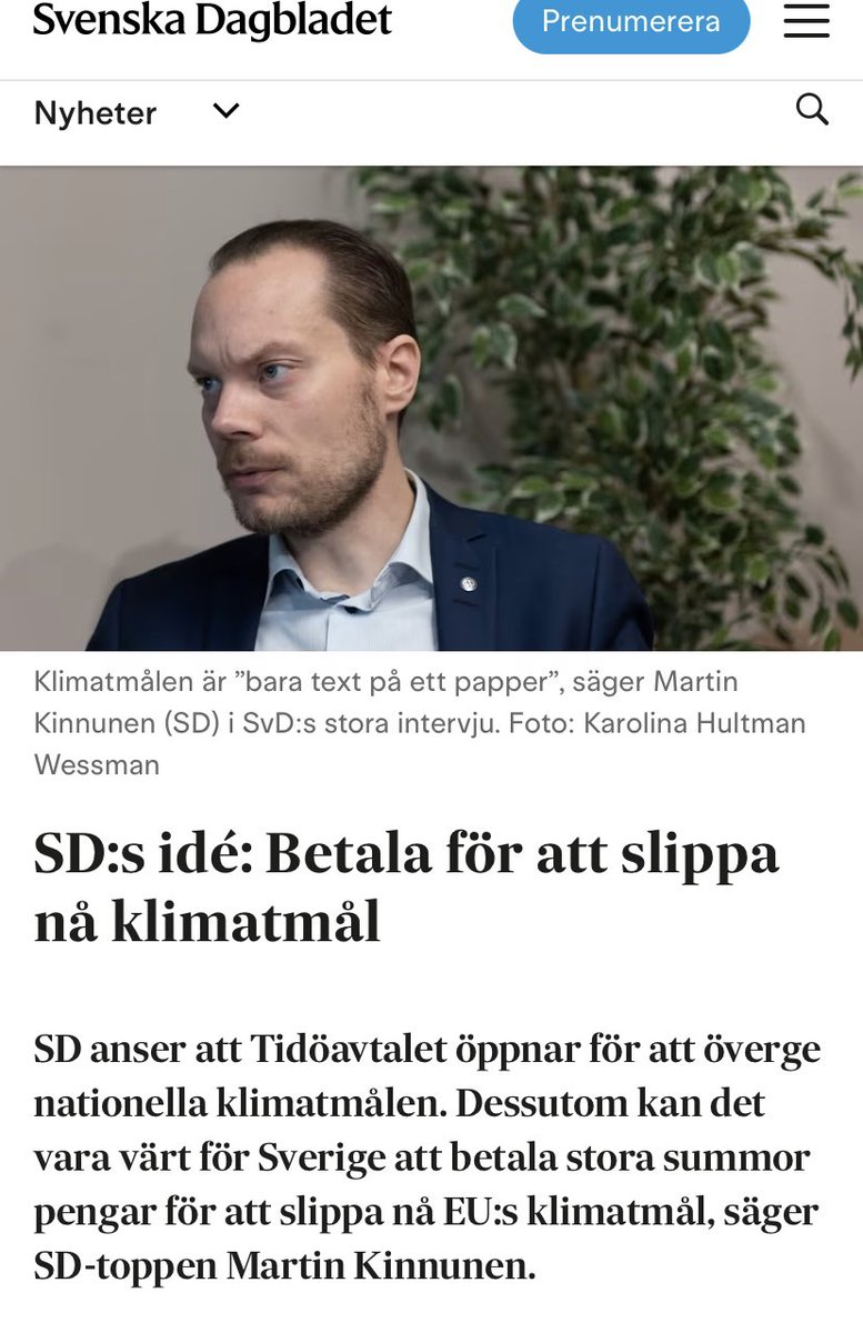 Det ligger i linje med #tidöavtalet att avskaffa klimatmålen säger SD. Kanske min spaning om kommande proposition inte ligger så långt bort som nästa sommar trots allt?

<a href="/RPourmokhtari/">Romina Pourmokhtari</a>, tänker du försvara de nationella klimatmålen eller är de också förhandlingsbara? 

#klimatpol
