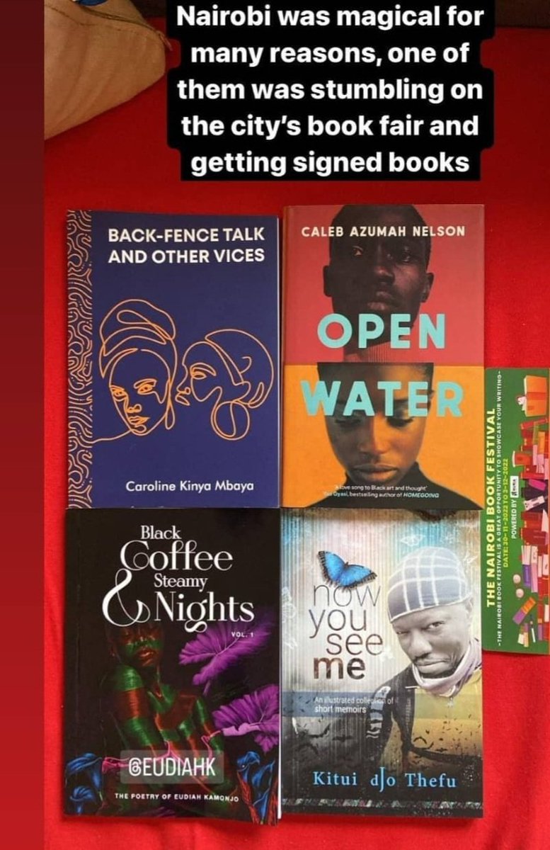 EudiahKamonjo's tweet photo. From an attendee of the Nairobi Book Festival by @NuriaStore #mcmillanlibrary #newbooks #wordymonday #africanwriters #globetrotters #poetrybooks #bookfestivals #nuriakenya #lovenairobi #nowyouseeme #blackcoffeeandsteamynights #openwater #backfencetalk #calebnelson #carolinembaya https://t.co/u8YiVhGQxU