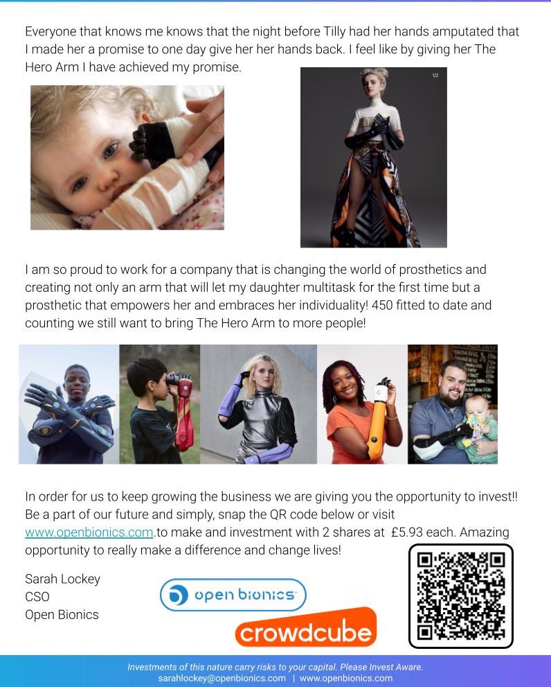 We have an amazing opportunity for you to invest into @openbionics for £11.86 and own two shares in the company. Your investment will help us grow the business to bring The Hero Arm to more countries and help us develop 2 new products!! crowdcube.com/pre-reg/open-b…