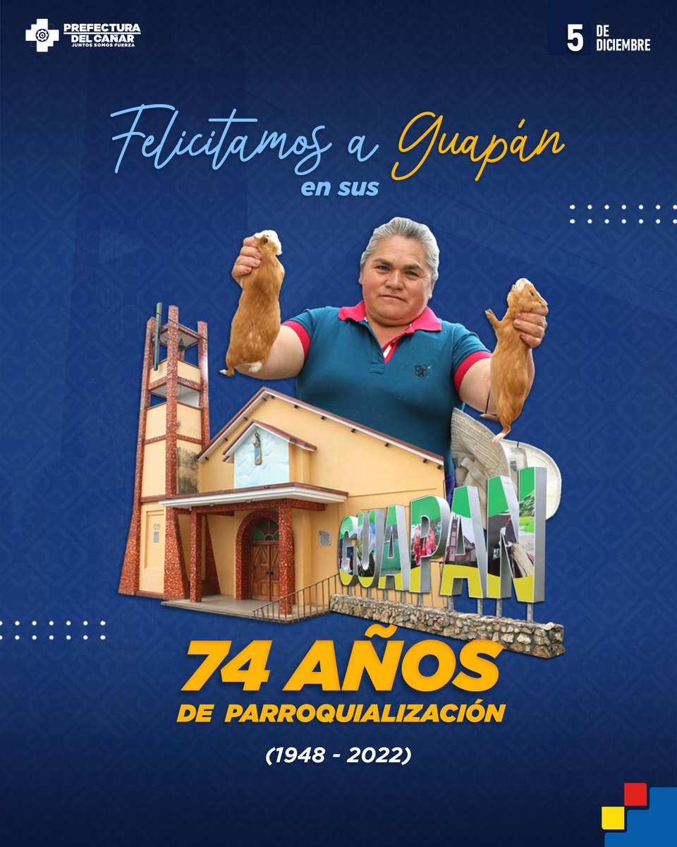 ¡Hoy saludamos a Guapán en sus 74 años de parroquialización! 🥳🎊

Puertas del cielo, llena de cultura, tradición y una exquisita gastronomía. Cuna de gente hábil, productiva y emprendedora.