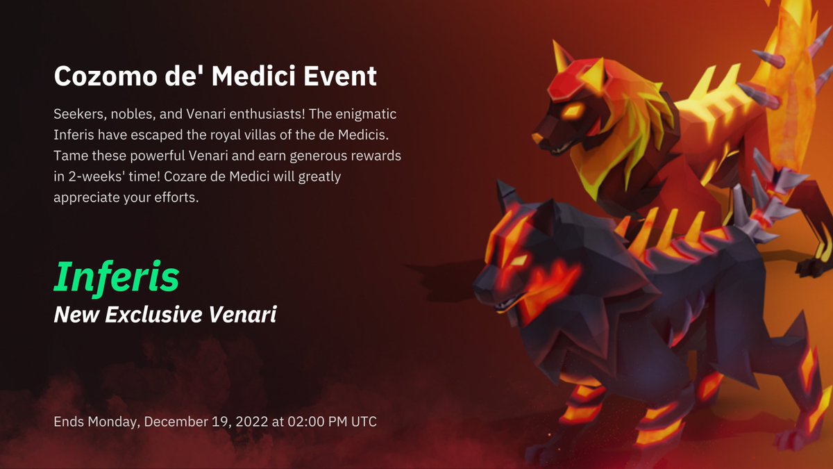 LegendsOfVenari's tweet photo. Cozomo de’ Medici Exclusive Event is now live! ✨

Explore Caerras to aid Cozare and the Providence in rounding up the escaped new Venari Hybrids Inferis!

🍎🥩Buy exclusive baits, and enjoy 💰 $5,000 worth of bounties!

⌛️2-week runtime! Good luck

Full details 👇
1/6 🧵 https://t.co/9aZNkIXZ30