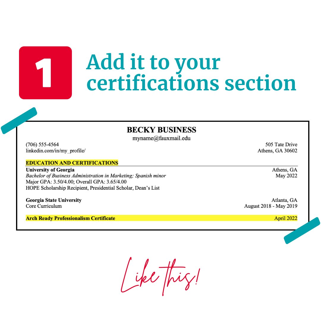 UGACareerCenter's tweet photo. Did you earn your #ArchReady professionalism certificate this semester?📁Here are 2️⃣ different ways you can add it to your resume! Be sure to save this and send it to a friend who also received their #ArchReady certificate!🐶 https://t.co/Q7WZPlRhE0