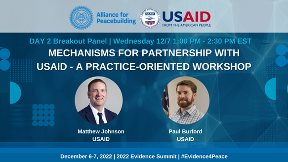 AfPeacebuilding's tweet photo. Are you a peacebuilding organization interested in partnering w/ @USAID? Register for the 2022 Evidence Summit on Interreligious Action -- &amp; on 12/7 at 1pm  ET join colleagues from USAID for practical workshop on partnering w/the agency!

#evidence4peace

https://t.co/Bd5xB5ZJmo https://t.co/jGssG59Xhx