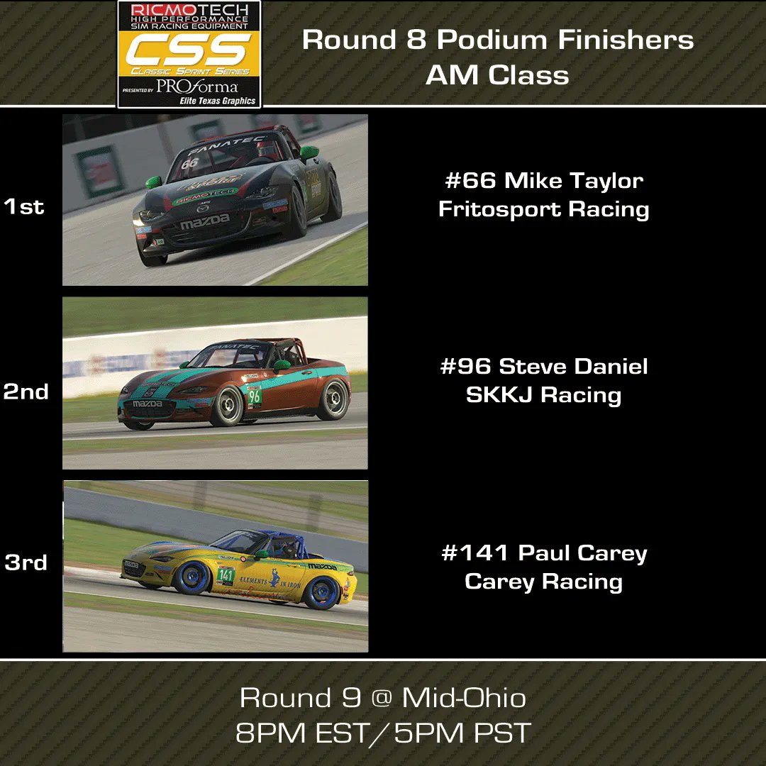 Tonight on @ApexRacingTV's YouTube, the season finale of the Ricmotech Classic Sprint Series from Mid-Ohio. Tune in at 8PM EST/5PM PST Watch Here: buff.ly/3B78cqu Swipe to see the podium finishers from R7 & R8! #ricmotech #iracing #simracing #esports #miata #globalmx5cup