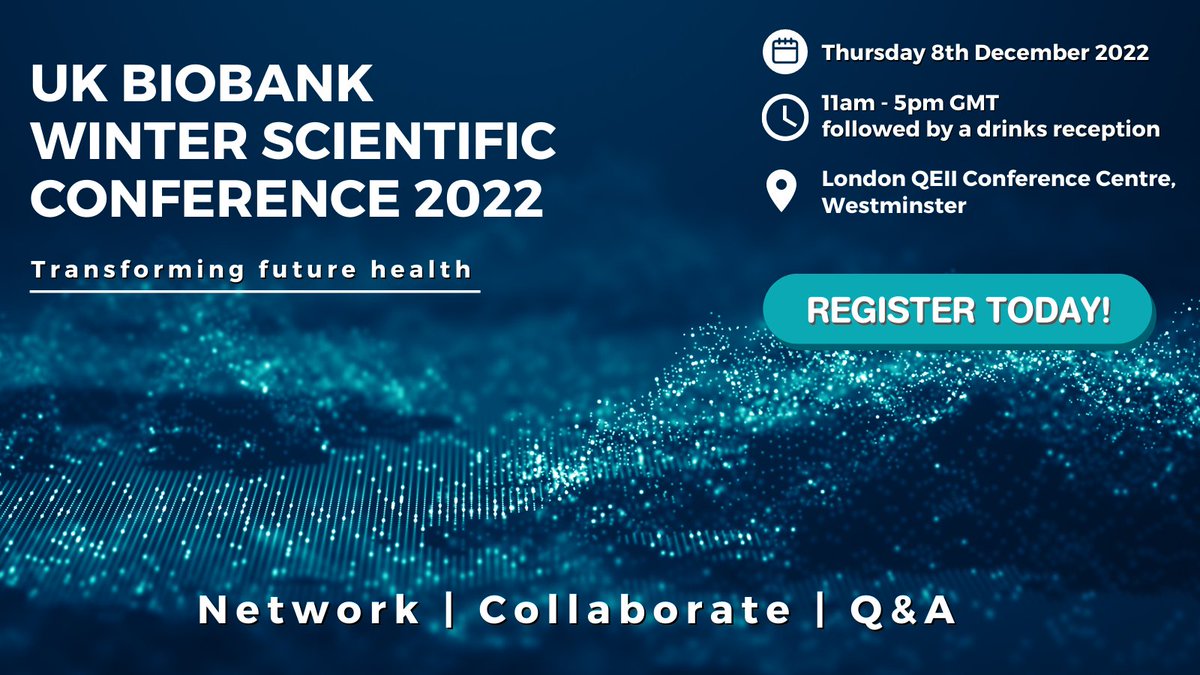 This is the week – our Winter Scientific Conference is on Thursday from 11:00 – 5pm GMT, followed by a drinks reception! Register to learn more about #UKBiobank and how our biomedical database can facilitate your #research #Genetics. Register for #UKBSC22: ow.ly/foKr50LPM70
