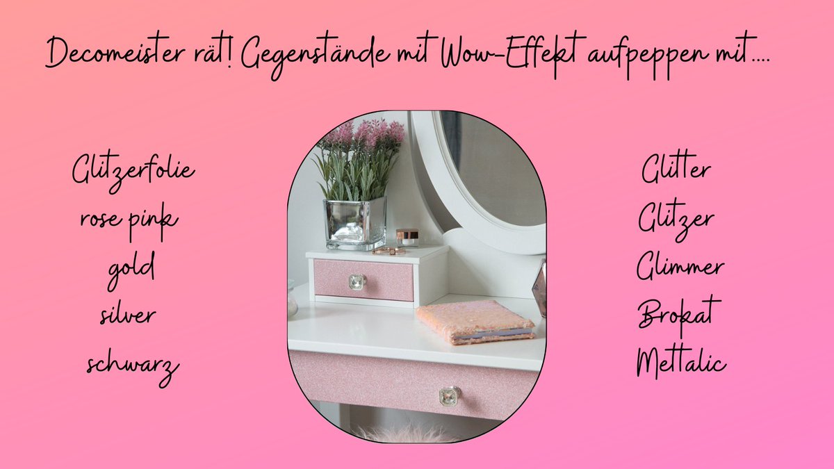 Im Licht dezent schimmernd, generiert der Glitzer außergewöhnlichen Look, der den Blick fesselt 💜

In unserem eBay-Shop gibt es Glitzerfolien in vier Farben. Sie haften am besten auf glatten, ebenen, starren und sauberen Oberflächen.

Mehr Details hier: bit.ly/3P2SClN