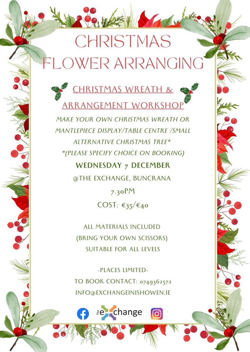 ExchangeInish's tweet photo. Christmas Flower Arranging Workshop this Wednesday evening at The Exchange. Places still available, DM us to book! #ChristmasFlowerArranging https://t.co/bNWcSwUjyR