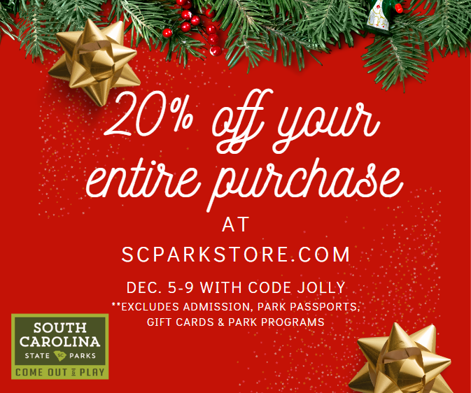SC_State_Parks's tweet photo. Looking for a perfect gift? Take 20% off your entire purchase at https://t.co/291asf3QaP, Dec. 5-9 only, when you enter code JOLLY at checkout!  **Excludes park admission, park passports, gift cards &amp; park programs.  Code must be entered in the discount code box at checkout. https://t.co/IoJqhDCMZZ