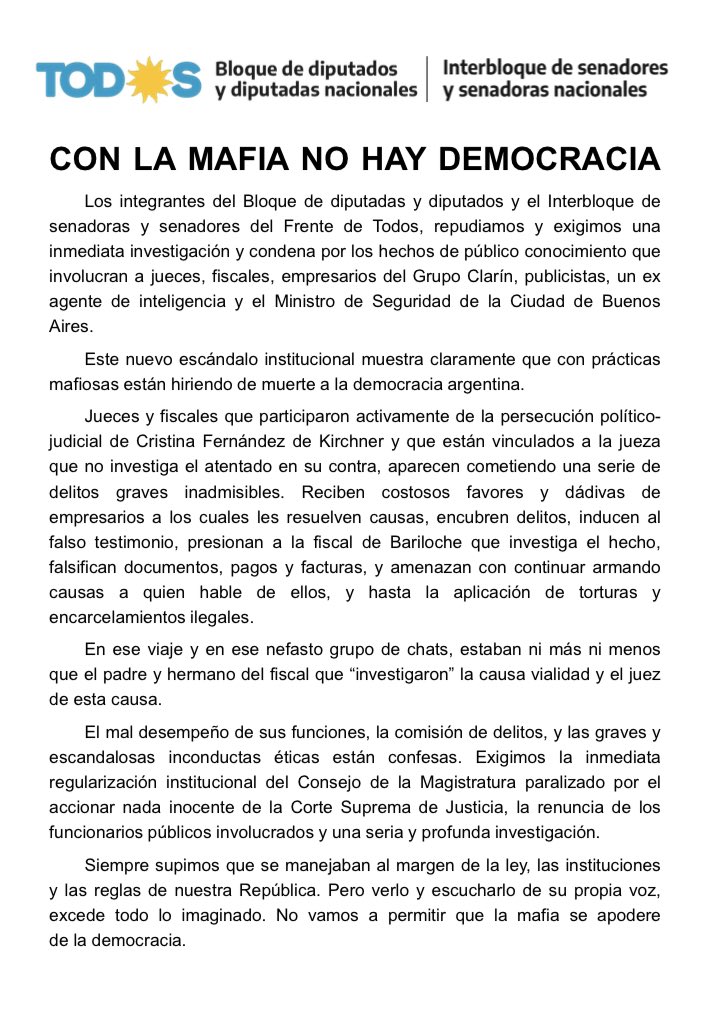 📃• Comunicado conjunto de los bloques de Diputados/as y Senadores/as Nacionales del @FrenteDeTodos.

Con la mafia no hay democracia ⤵️