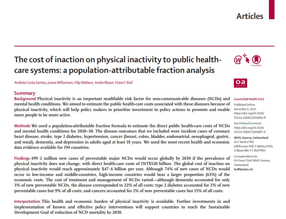The economic case for promoting #PhysicalActivity 
499·2 million new cases of preventable major NCDs would occur globally by 2030 if the prevalence of
physical inactivity does not change, with direct health-care costs of INT$520 billion! #BeActive 

thelancet.com/journals/langl…