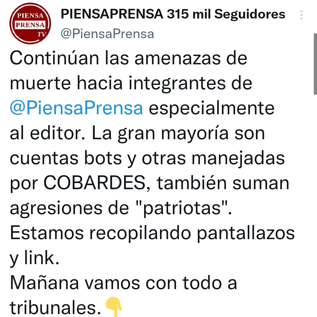 Toda nuestra solidaridad con <a href="/PiensaPrensa/">PIENSAPRENSA 359 mil Seguidores</a> ✊
Junto a <a href="/codepuchile/">CODEPU</a> realizamos seguimiento de casos de hostigamientos a medios de comunicación y hemos informado al relator de la #LibertadDeExpresión <a href="/PVacaV/">Pedro Vaca V.</a> nuestra preocupación por el hostigamiento y amenazas que enfrentan