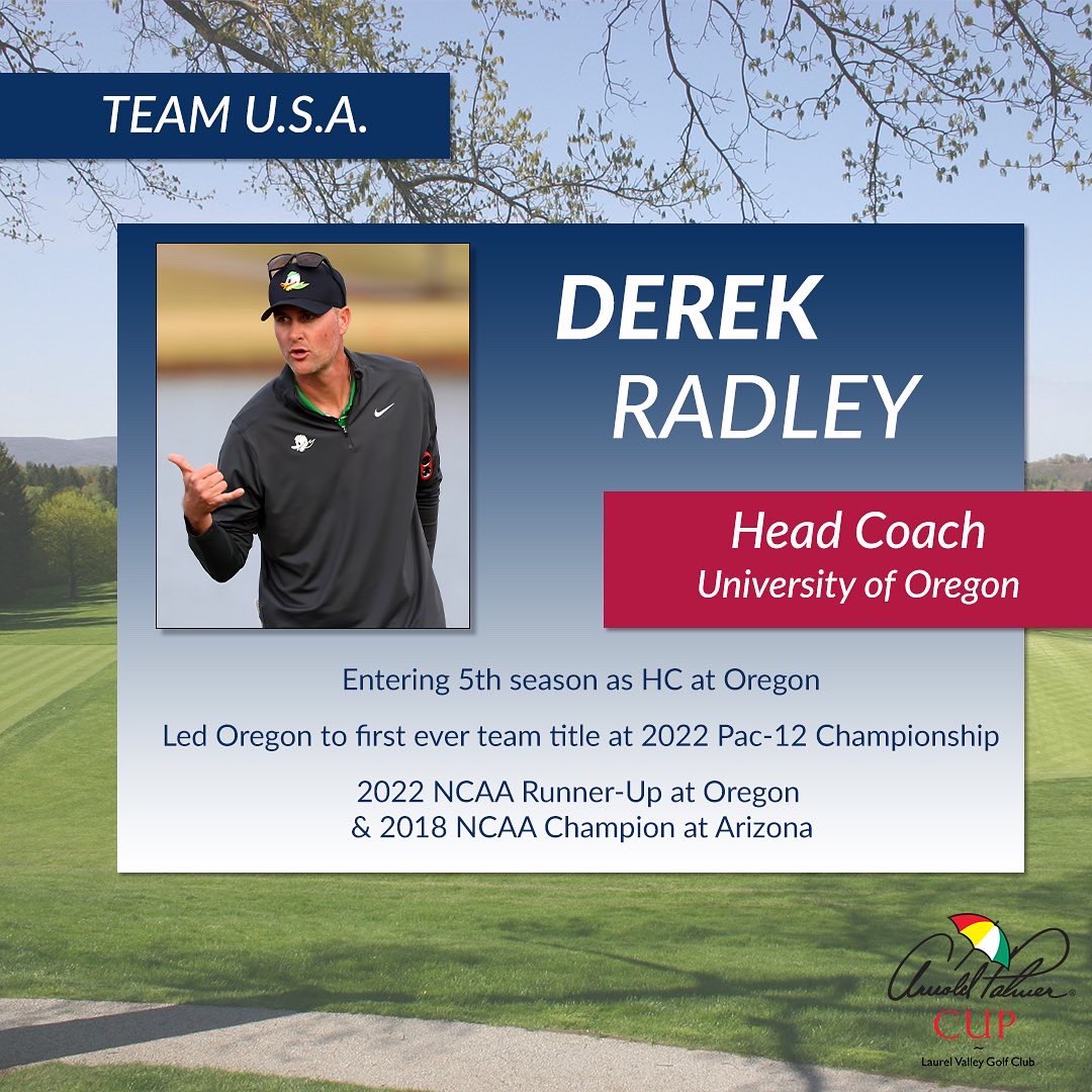ArnoldPalmerCup's tweet photo. Ready to reclaim the cup on home soil, please welcome your 2023 Team U.S.A. head coaches! 🇺🇸 #APCup

- Derek Radley | Oregon
- Michael Beard | Pepperdine https://t.co/FTv1SZblLH