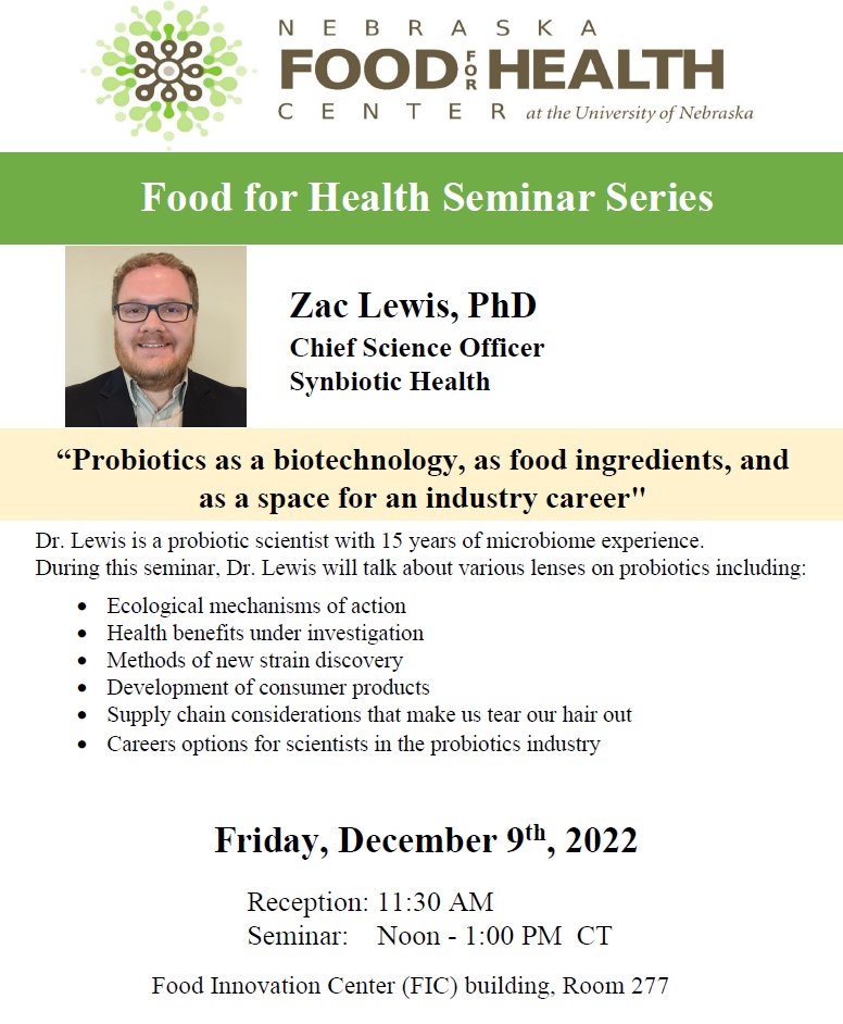 Nebraska Food 4 Health Center (@nfhc_nu) on Twitter photo Join us this Friday at Noon (CT) for a presentation by Dr. Zac Lewis as part of the Food for Health Seminar Series to conclude our semester schedule! The reception will begin at 11:30am.
Email aeaton2@unl.edu for Zoom details.
<a href="/SynbioticHealth/">Synbiotic Health</a> Join us this Friday at Noon (CT) for a presentation by Dr. Zac Lewis as part of the Food for Health Seminar Series to conclude our semester schedule! The reception will begin at 11:30am.
Email aeaton2@unl.edu for Zoom details.
<a href="/SynbioticHealth/">Synbiotic Health</a>