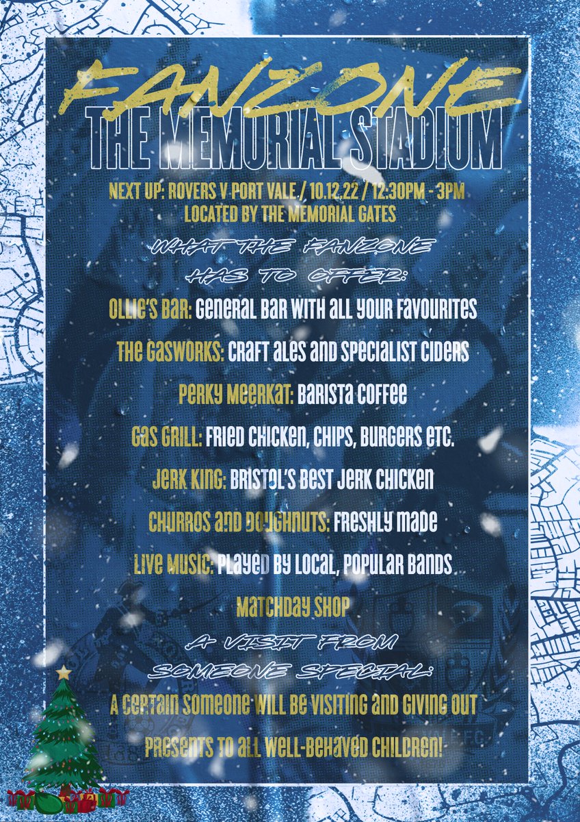 🎄Check out the <a href="/Official_BRFC/">Bristol Rovers</a> FanZone this Saturday for our last home league match before Christmas. Why not try a Thatchers Mulled Cider or a delicious hot chocolate from <a href="/PerkyMeerkat/">Perky Meerkat</a>. Plus a certain someone will be giving out presents to all well-behaved children 🍺🎁🎅 #UTG