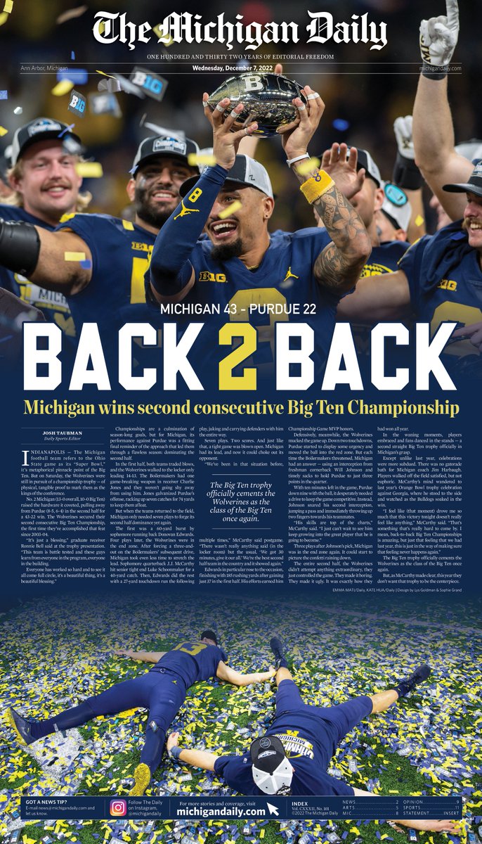 theblockm's tweet photo. After last year’s title ended a 17-year drought, @UMichFootball’s 44th Big Ten championship on Saturday formally placed the Wolverines back in their usual spot atop the conference.

This week’s front page: Back 2 Back. https://t.co/Fn6as5xcd2