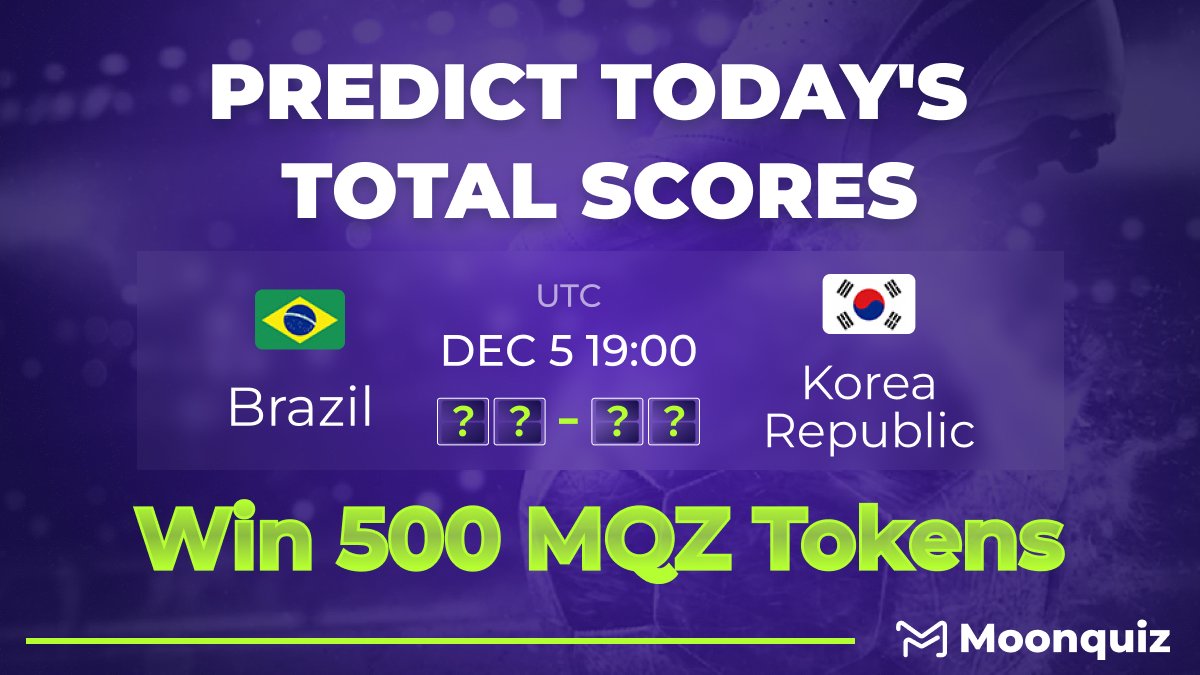 moonquizio's tweet photo. What is the #BrazilvsSouthKorea  total score during the #FIFAWorldCupQatar2022❓
Predict the winner of #FIFAWorldCup on https://t.co/Ywo47gDWRk to earn #BUSD 💸

500 #MQZ #Token-1⃣winner
RT🔄&amp;tag3 friends 🧑‍🤝‍🧑
Drop your answer and BSC wallet address 👇

 #Giveaway #usdt https://t.co/I6EQlUkHRv