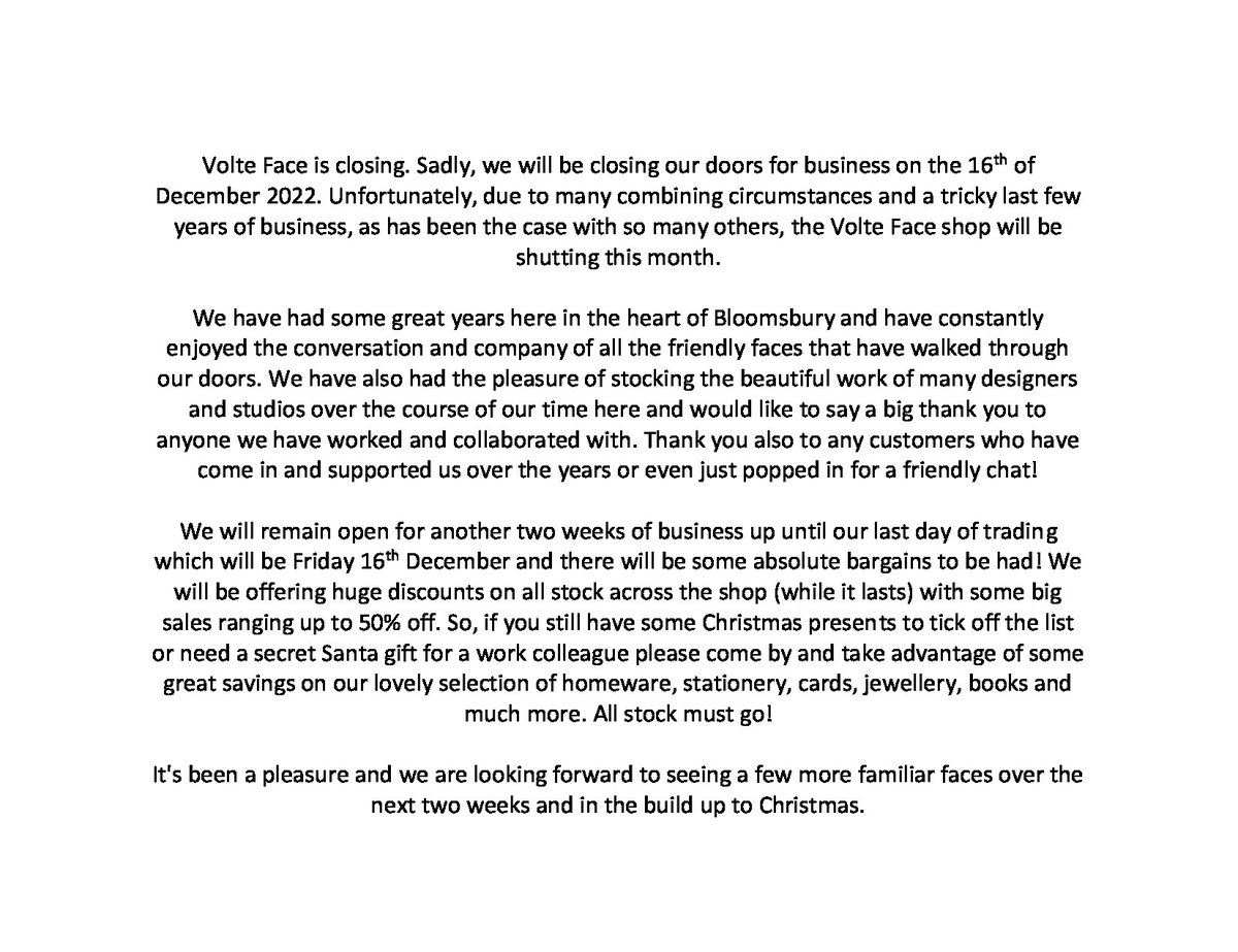 VolteFaceShop's tweet photo. Volte Face is sadly closing on the 16th of December. Until then we will be having some unbeatable sales with incredible discounts - some absolute bargains to be had. All stock must go!

Come and tick some of those Christmas presents off of the list! https://t.co/0xNell46p0