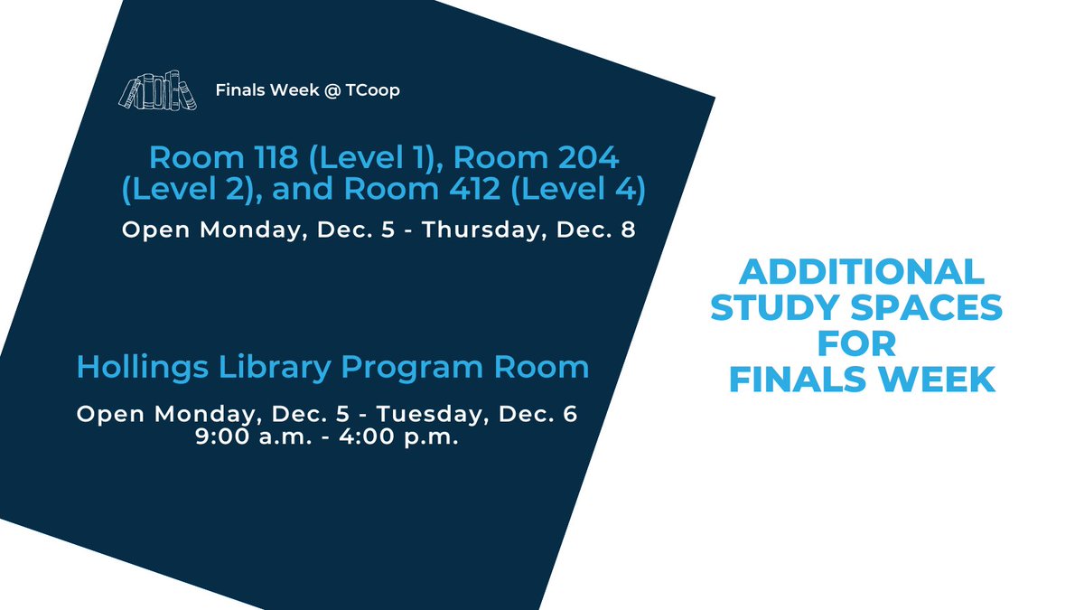 UofSC_TCoop's tweet image. Looking for a place to study? We’ve got you covered! More study spaces are available in Thomas Cooper Library throughout #FinalsWeek 📚