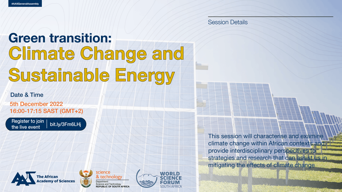 AASciences's tweet photo. This timely session will tackle the risks and effects of climate change and the pathways Africa can take to realise a transition to green and renewable energy
Starting now‼️
#AASGeneralAssembly
Link👉 https://t.co/gBne1nWBad
@dsigovza
@WorldSciForum https://t.co/pjY4pizXEL