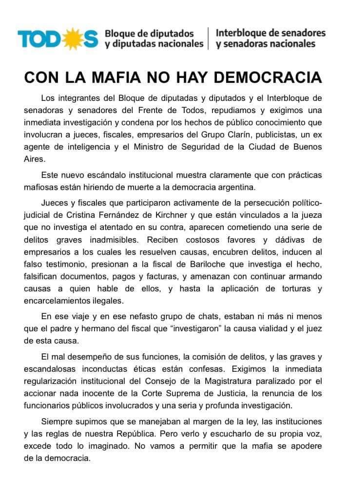📃Comunicado conjunto de los bloques de Diputados/as y Senadores/as Nacionales del <a href="/FrenteDeTodos/">Dennis</a>.

Con la mafia no hay democracia ⤵️