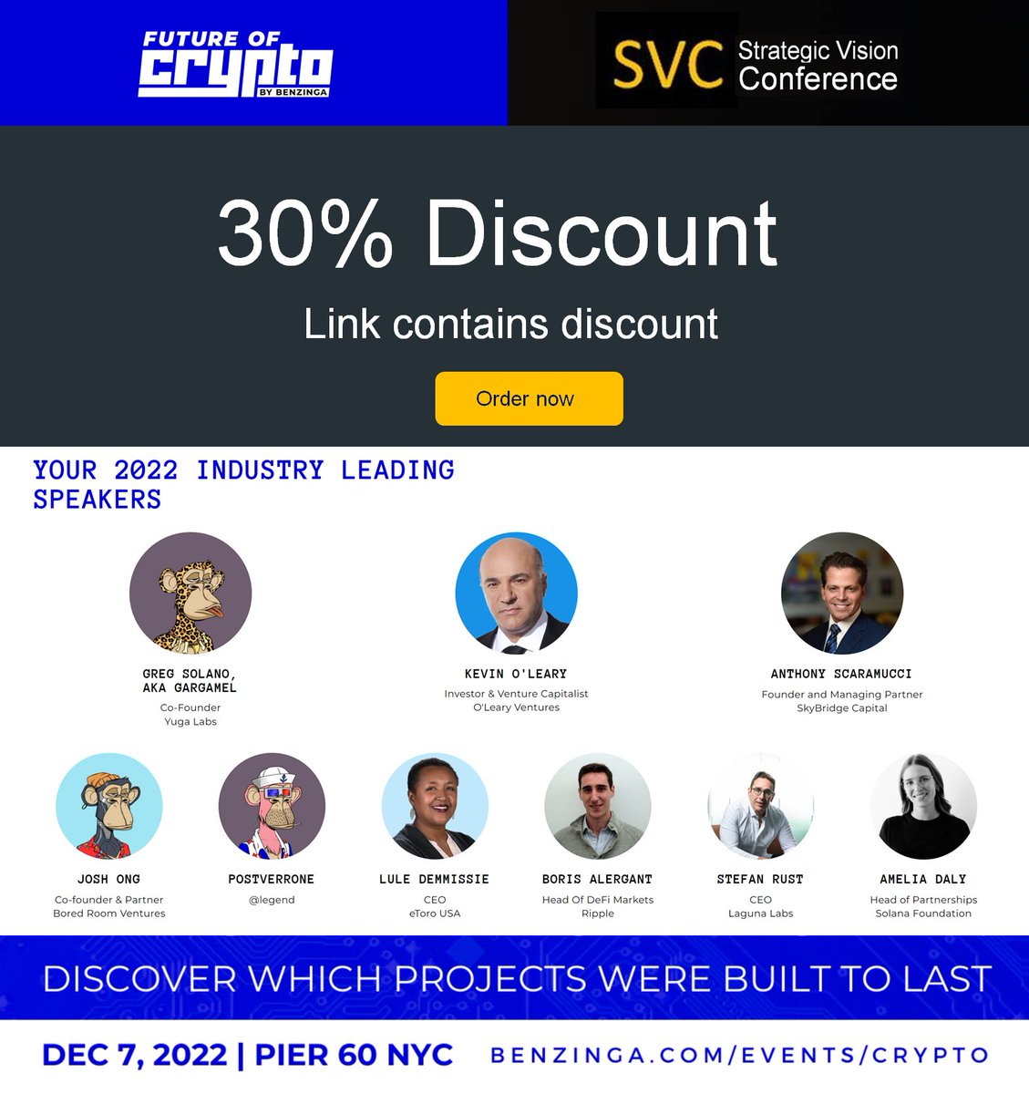From us to you🎁 You're invited! Join us on Wed Dec 7 at #Pier60 Chelsea Piers in NYC. Click link eventbrite.com/e/benzingas-fu… to get 30% off. Over 70 speakers; say hello to #SharkTank's Mr. Wonderful #SkyBridge Anthony Scaramucci #eToro's #CEO Lule Demmissie &amp; many more #crypto execs