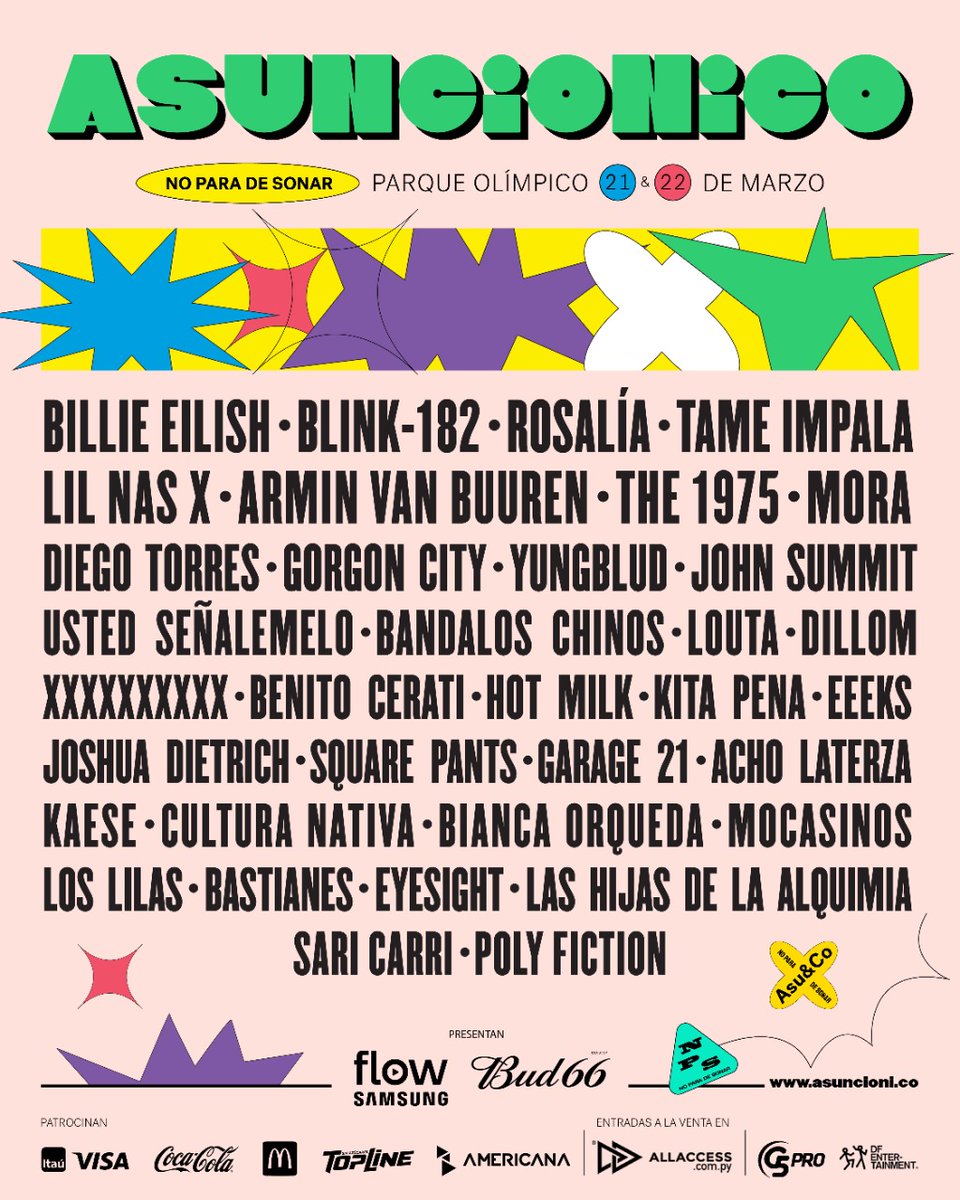 ASUNCIONICO 2023 NO PARA DE SONAR 
Artistas que nos van a llenar de musica el año que viene!
Entradas en allaccess.com.py
🎫 Preventa 1 desde 375.000Gs.
🎫 Aprovechá los dtos p/ clientes de #ClubPersonal y @itauparaguay 
📍Parque Olímpico 🇵🇾
🗓 21/22 Marzo
#Asuncionico2023