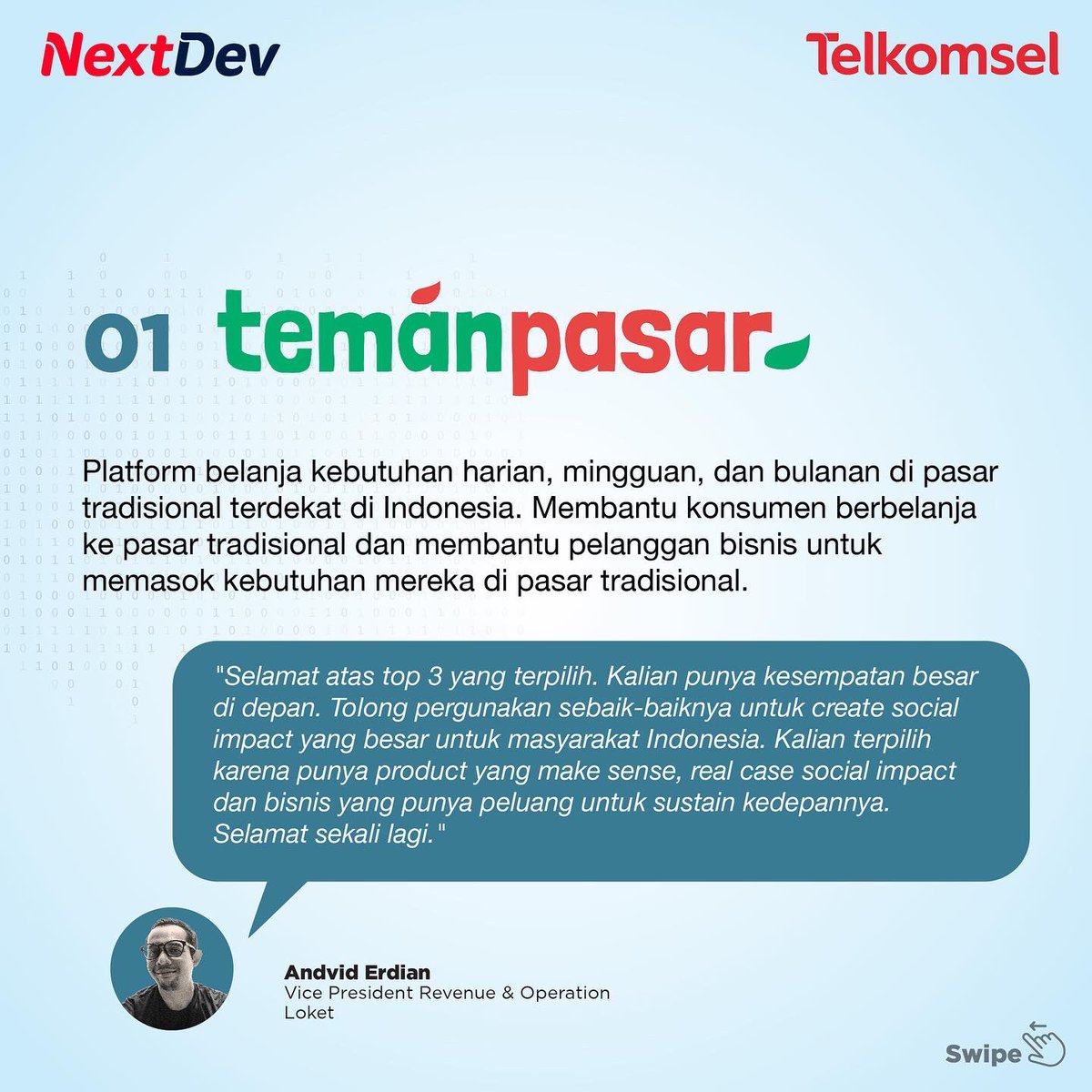 NextDev_id's tweet image. Caption pemenang:

Selamat untuk Teman Pasar (@Temanpasar), Campsite Indonesia (@CampsiteIndonesia), dan Shieldtag (@Shieldtag) yang berhasil terpilih menjadi top 3 besar NextDev Talent Scouting Track Tourism &amp;amp; Creative Economy

#NextDev #SustainBeyondExpectation #PitchingStartup