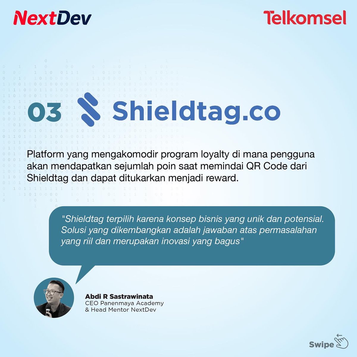 NextDev_id's tweet image. Caption pemenang:

Selamat untuk Teman Pasar (@Temanpasar), Campsite Indonesia (@CampsiteIndonesia), dan Shieldtag (@Shieldtag) yang berhasil terpilih menjadi top 3 besar NextDev Talent Scouting Track Tourism &amp;amp; Creative Economy

#NextDev #SustainBeyondExpectation #PitchingStartup