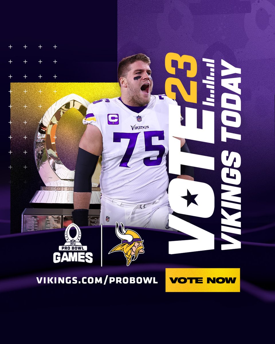 Start the week off right.

RT to #ProBowlVote #Vikings Offense
<a href="/KirkCousins8/">Kirk Cousins</a>
<a href="/dalvincook/">Dalvin “4️⃣” Cook</a> 
<a href="/AlexMattison22/">Alexander Mattison</a> 
<a href="/cjham28/">CJ Ham</a>
<a href="/athielen19/">Adam Thielen</a>
<a href="/JJettas2/">JJETS✈️</a>
<a href="/TheeHOCK8/">TJ Hockenson</a>
<a href="/chrisdarrisaw71/">Christian Darrisaw</a>
<a href="/Ezra508/">Ezra Cleveland</a>
<a href="/Gbradbury_11/">Garrett Bradbury</a>
<a href="/EdIngram70/">Edward Ingram™️🔜🔝</a>
<a href="/brian_oneill_/">Brian O'Neill</a>