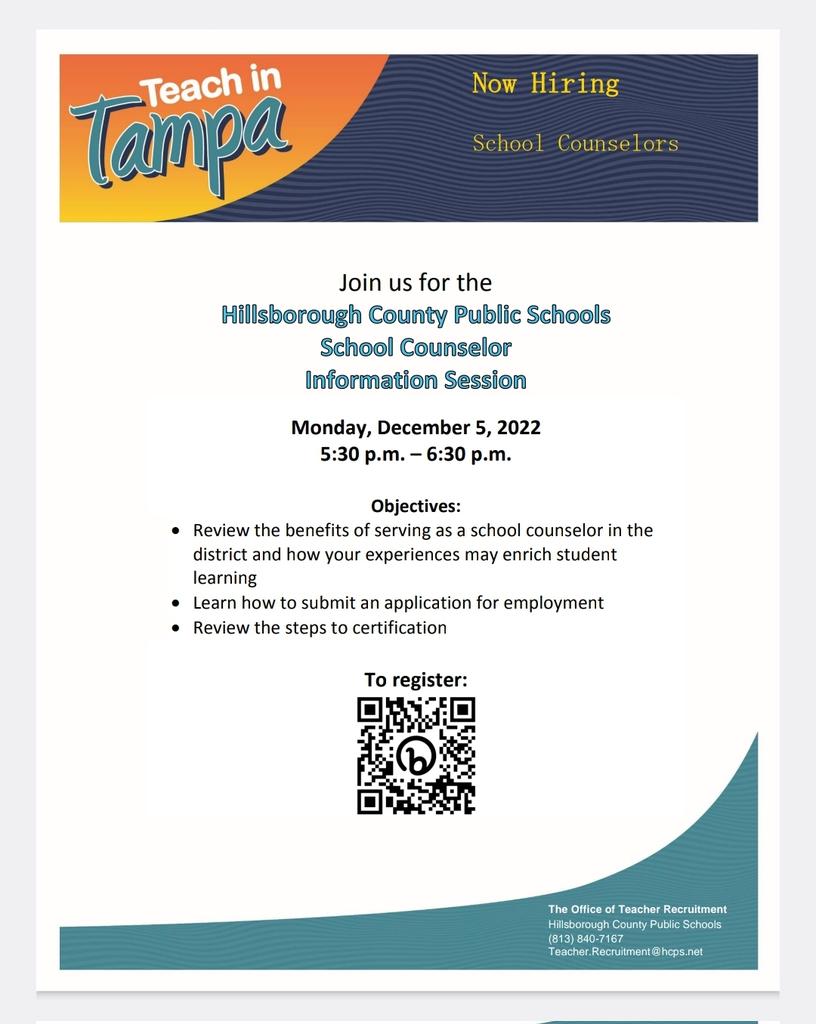 Have you ever wondered how to become a school counselor? Wait no more. Register this afternoon for our first virtual school counseling info session. Visit our calendar of events at TeachinTampa.com to learn more.
@HCPSCounselors