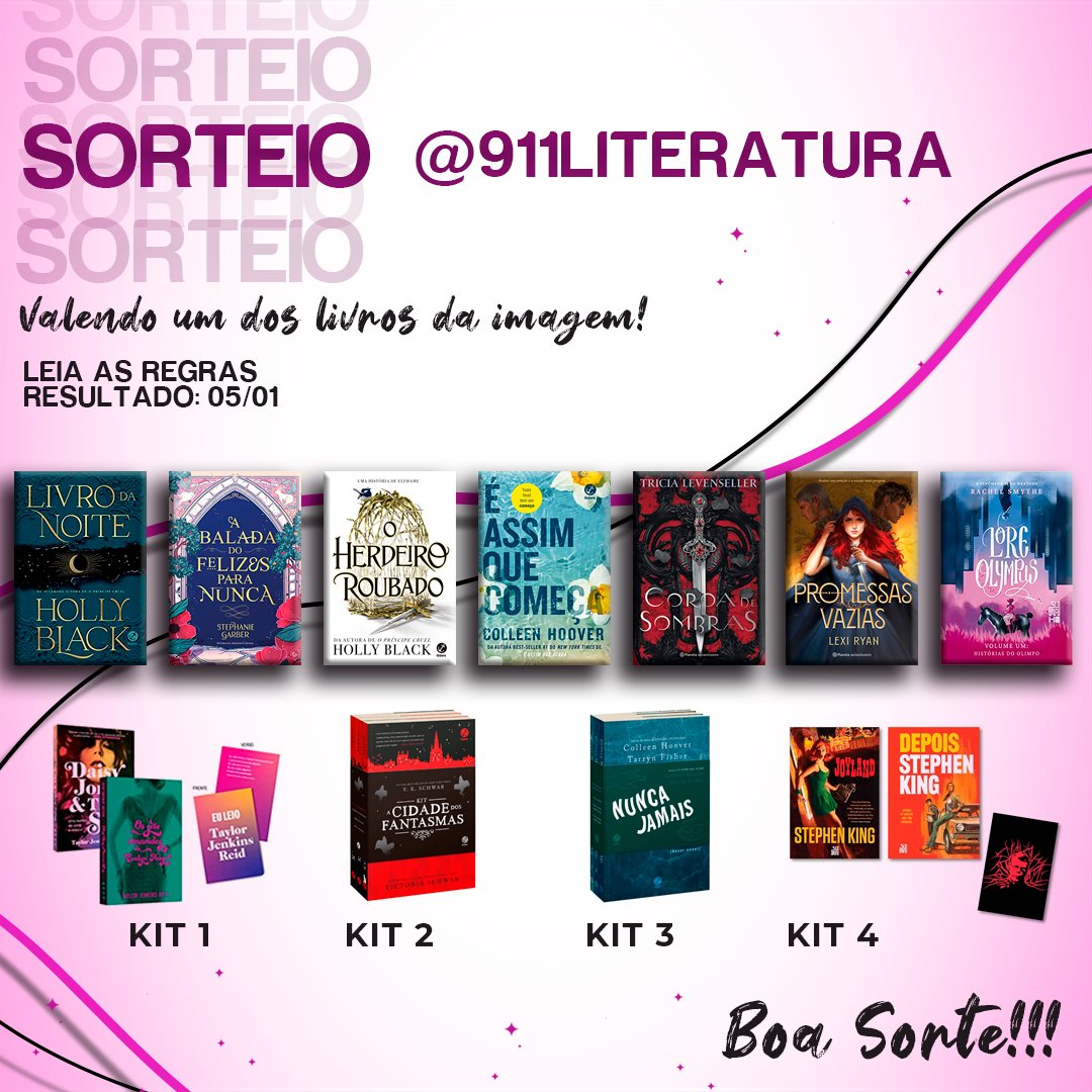 911Literatura's tweet photo. 🚨📖 SORTEIO 

💰 valendo um dos livros ou kits da imagem.

📌 Regras:
- seguir @911Literatura
- dar RT e curtir esse tweet

⚠️ Resultado 05/01. https://t.co/ptus1pFcLR