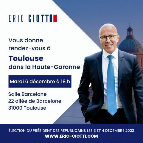 🚨Retrouvons-nous demain autour d’<a href="/ECiotti/">Eric Ciotti</a> et notre Président des Jeunes Républicains <a href="/GuilhemCarayon/">Guilhem Carayon</a> en terres toulousaines !
🇫🇷

#ElectionLR2022 #AvecCiotti